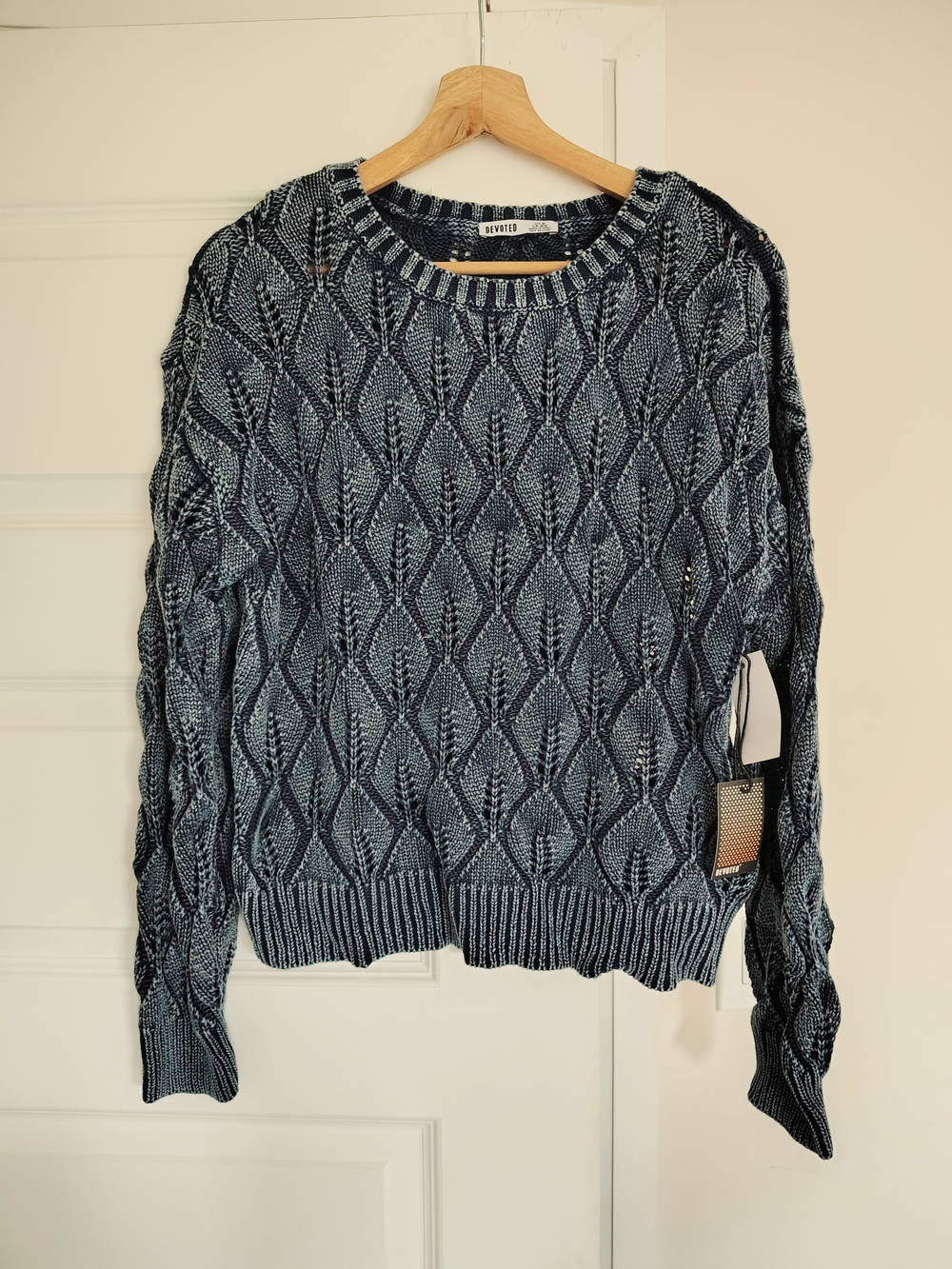 Women's Blue Cable Crew Neck Cotton Sweater